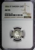 SWEDEN Oscar I (1844-1858) Silver 1856 ST 25 Ore NGC AU55 SCARCE KM# 684 (152)