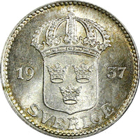 Sweden Gustaf V Silver 1937 G 25 Öre Small "G" Nice Toned KM# 785 (22 149)