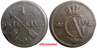 SWEDEN 1805 1 SKILLING OVERSTRUCK ON 18th Cent 2 ORE S.M.  KM#566 (2371)