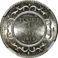 Tunisia Muhammad V Silver AH1334 (1915) A 1 Franc NGC MS63 GEM BU KM# 238 (037)