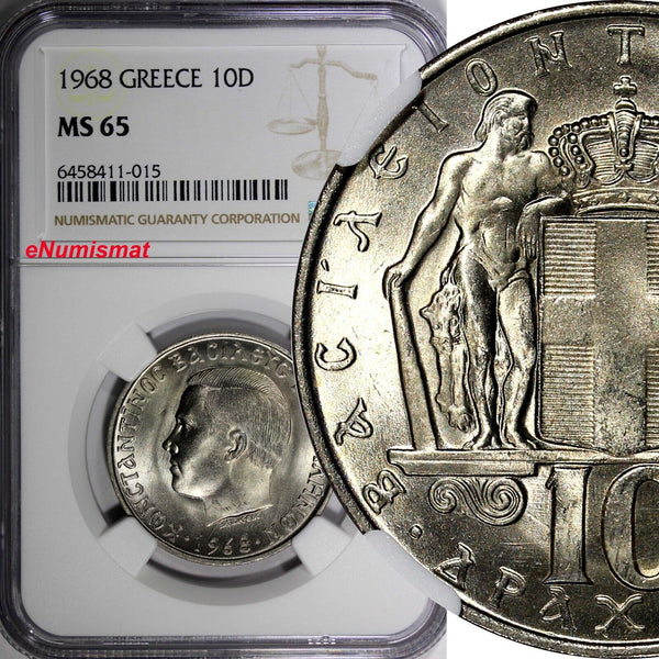 Greece Constantine II Copper-Nickel 1968 10 Drachmai NGC MS65 KM# 96 (015)