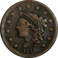 US Copper 1838 Coronet Head Large Cent 1c EX.LUX FAMILY COLLECTION(12 045)