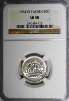 SWEDEN Gustaf VI Silver 1954 TS 50 ORE NGC AU 58 KM# 825 (128)