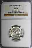 SWEDEN Gustaf VI Silver 1954 TS 50 ORE NGC AU 58 KM# 825 (128)