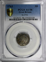 Great Britain George III Silver 1763 3 Pence PCGS AU58 Nice Toned KM# 591 (109)