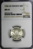 Sweden Oscar II Silver 1906 EB 50 Öre NGC MS61 Mintage-319,452 KM# 771 (048)