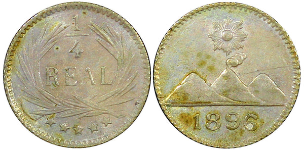 Guatemala Silver 1896  1/4 Real Radiant sun 3 volcanoes KM# 162 (22 683)