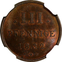 Germany MECKLENBURG-STRELITZ 1832 FN 3 Pfennig NGC MS63 BN TOP GRADE KM#80 (121)