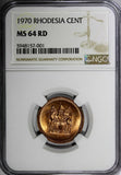 RHODESIA Bronze 1970 1 Cent NGC MS65 RD NICE RED TONING KM# 10 (001)