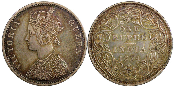 India-British Victoria Silver 1874 (B) Rupee Toned XF KM# 473.2 (18 243)