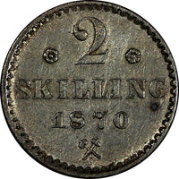 Norway Carl XV Silver 1870 2 Skilling with rosettes XF  KM# 336.1 (20 702)