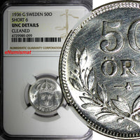 SWEDEN Gustaf V SILVER 1936 G 50 Ore Short "6" NGC UNC DETAILS KM#788 (099)