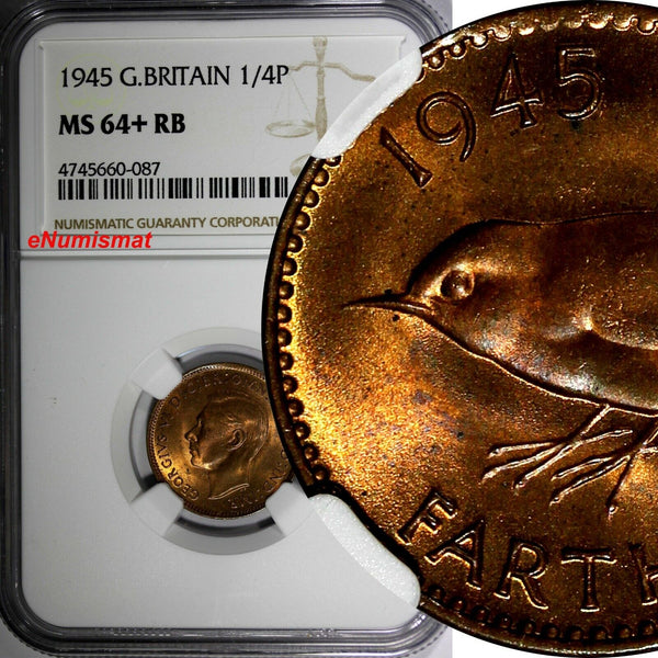 Great Britain George VI Bronze 1945 Farthing NGC MS64+ RB RED TONING KM# 843 (7)