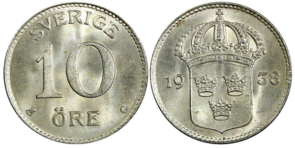 Sweden Gustaf V (1907-1950) Silver 1938 G 10 Öre GEM BU KM# 780 (22 073)