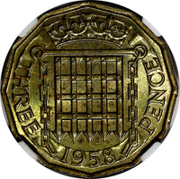 Great Britain Elizabeth II 1958 3 Pence NGC MS 62 KEY DATE KM# 900 (005)