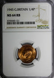 Great Britain George VI Bronze 1945 Farthing NGC MS64 RB RED TONING KM# 843