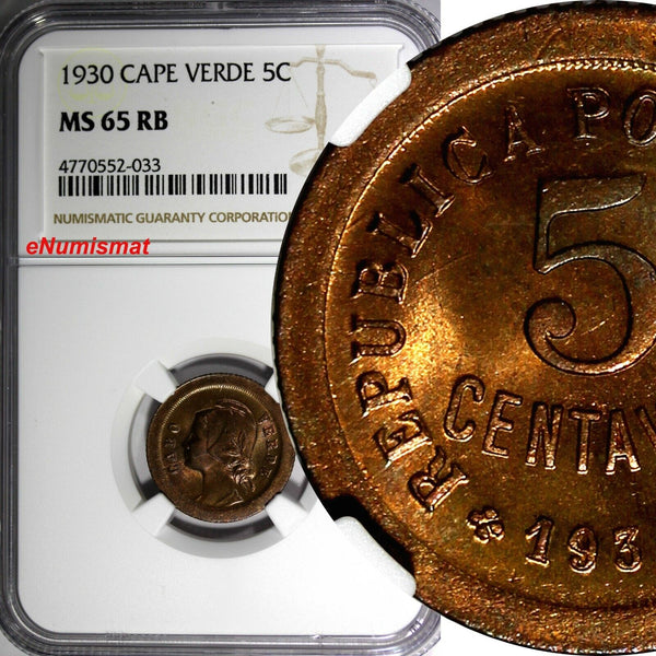 Cape Verde Bronze 1930 5 Centavos NGC MS65 RB 1 GRADED HIGHEST BY NGC KM# 1(3)