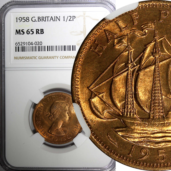 Great Britain Elizabeth II Bronze 1958 1/2 Penny NGC MS65 RB NICE RED KM#896 (0)