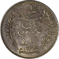 Tunisia Ali III Silver 1309 (1892) A 1 Franc aUNC Toning KM# 224 (18 922)