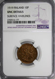 Finland Copper 1919 10 Pennia NGC UNC DET. 1st Year Type KM# 24 REDUCED PRICE