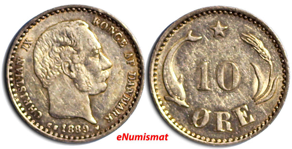 Denmark Christian IX Silver 1889 (h) CS  10 Ore VF/XF Toning 16mm KM# 795.1 (11)