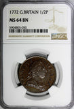 Great Britain George III Copper 1772 1/2 Penny NGC MS64 BN RARE KM# 601 (050)