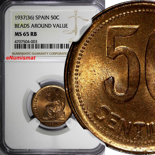 SPAIN II Republic Copper 1937 (36) 50 Centimos NGC MS65 RB BEADS KM# 754.2(003)