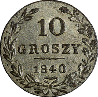 Poland Nicholas I Silver 1840 MW 10 Groszy Warszawa mint  aUNC  C# 113a (14 781)