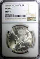 Ecuador Silver 1944 Mo 5 Sucres  NGC MS65 Mexico Mint 37.8 mm GEM BU KM# 79 (6)