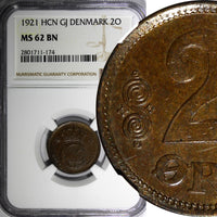 DENMARK Christian X Bronze 1921 HCN CJ 2 Ore NGC MS62 BN KM# 813.2 (174)