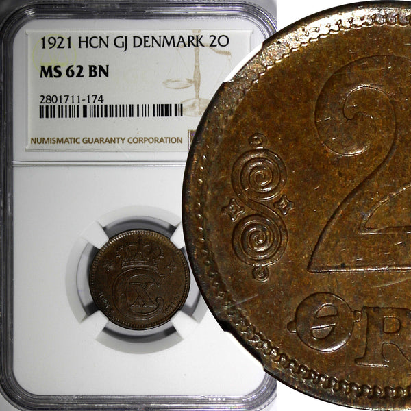 DENMARK Christian X Bronze 1921 HCN CJ 2 Ore NGC MS62 BN KM# 813.2 (174)