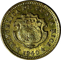 Costa Rica Brass 1940 5 Centimos UNC KM# 151
