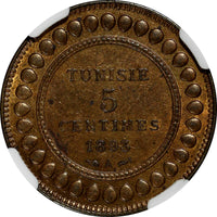 Tunisia Ali III Bronze  AH1310//1893 A 5 Centimes NGC MS62 BN TOP GRADED KM# 221