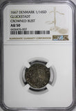 Denmark GLÜCKSTADT Silver 1667 1/16 Speciedaler NGC AU50 TOP GRADED KM# 54.1 (7)