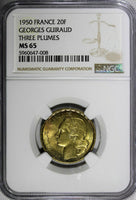 France 1950 20 Francs NGC MS65 GEORGES GUIRAUD 3 plumes HIGH GRADE KM# 916.1 (8)