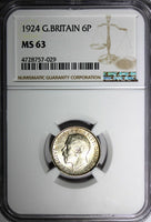 GREAT BRITAIN George V Silver 1924 6 Pence NGC MS63 LIGHT TONING KM# 815a.1 (29)