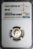 GREAT BRITAIN George V Silver 1924 6 Pence NGC MS63 LIGHT TONING KM# 815a.1 (29)