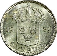 Sweden Gustaf V Silver 1939 G 25 Öre GEM BU KM# 785 (22 043)