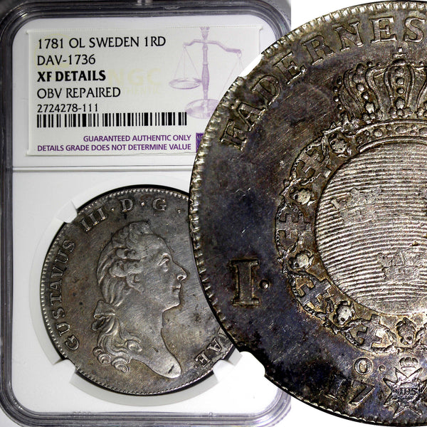 SWEDEN Gustaf III Silver 1781 1 Riksdaler NGC XF DETAILS Dav-1736,KM# 527 (111)