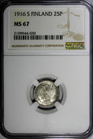 Finland Nicholas II Silver 1916 S 25 Pennia NGC MS67 GEM BU KM #6.2 (030)