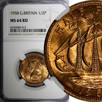 Great Britain Elizabeth II Bronze 1958 1/2 Penny NGC MS64 RD FULL RED KM#896 (2)