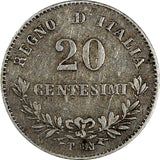 Italy Vittorio Emanuele II Silver 1863 T BN 20 Centesimi KM# 13.2 (20 338)