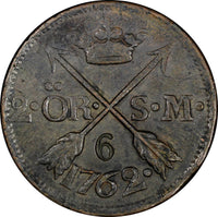 SWEDEN Adolf Frederick Copper 1762 2 Ore, S.M. "6" STAMPED KM# 461 (14 829)