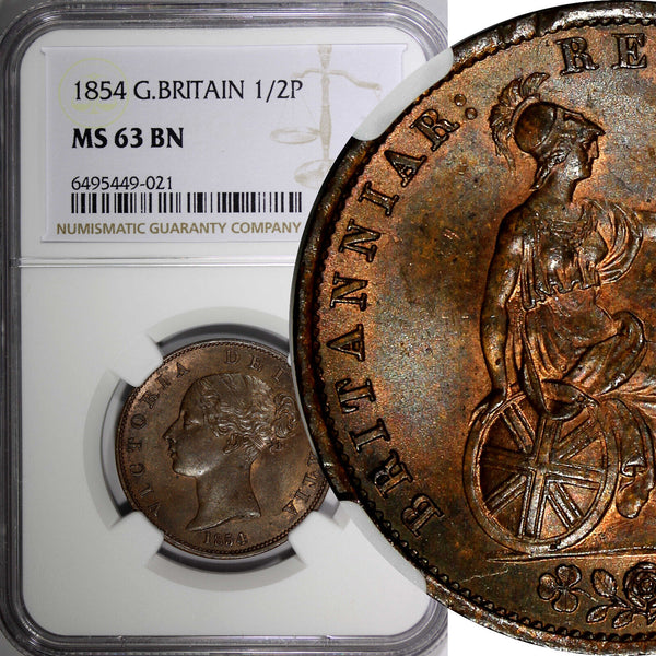 Great Britain Victoria Copper 1854 1/2 Penny NGC MS63 BN Nice Toned KM#726 (21)