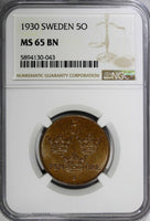 Sweden Gustaf V Bronze 1930 5 Öre NGC MS65 BN TOP GRADED BY NGC KM# 779.2(043)