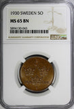 Sweden Gustaf V Bronze 1930 5 Öre NGC MS65 BN TOP GRADED BY NGC KM# 779.2(043)