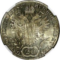 Austria Franz I Silver 1827 A 20 Kreuzer  NGC MS63 1 GRADED HIGHEST KM# 2144 (9)