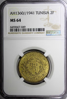 TUNISIA  Aluminum-Bronze AH1360//1941 2 Francs NGC MS64 TOP GRADED KM# 248 (49)