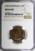 Australia George V Bronze 1922 1/2 Penny NGC MS62 BN KM# 22 (191)