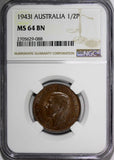 Australia George VI Bronze 1943-I 1/2 Penny NGC MS64 BN  Kangaroo KM# 41